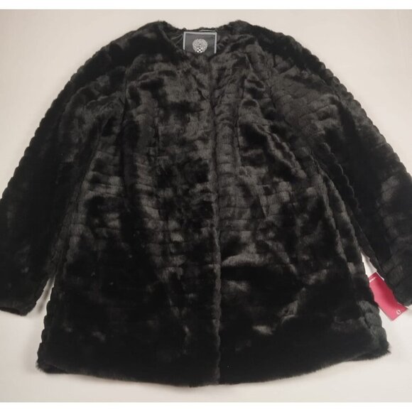 Vince Camuto Jackets & Blazers - Vince Camuto Women M Black Faux Fur Car Coat Textured Mid Length Jacket NWT